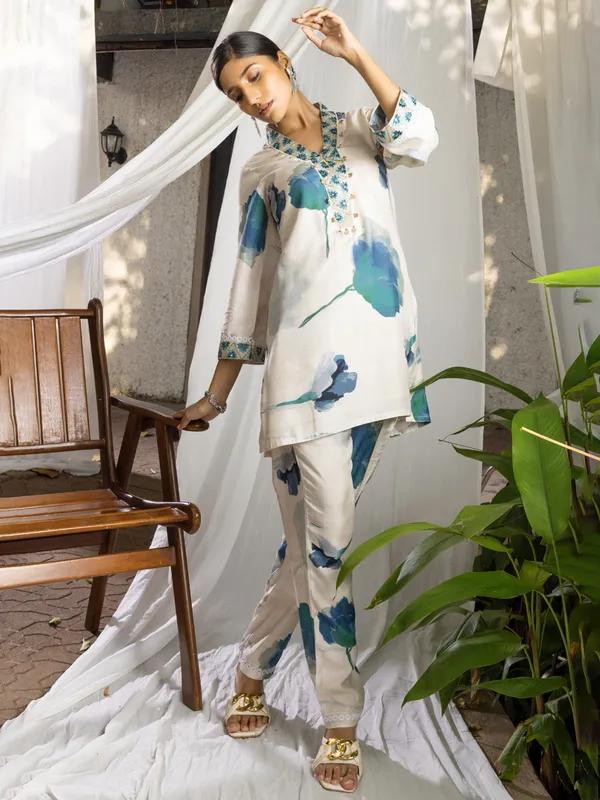 Off_White_&_Sea_Green_Printed_Regular_Party_Shawl_Neck_Top_and_Trousers