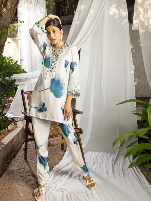 Off_White_&_Sea_Green_Printed_Regular_Party_Shawl_Neck_Top_and_Trousers
