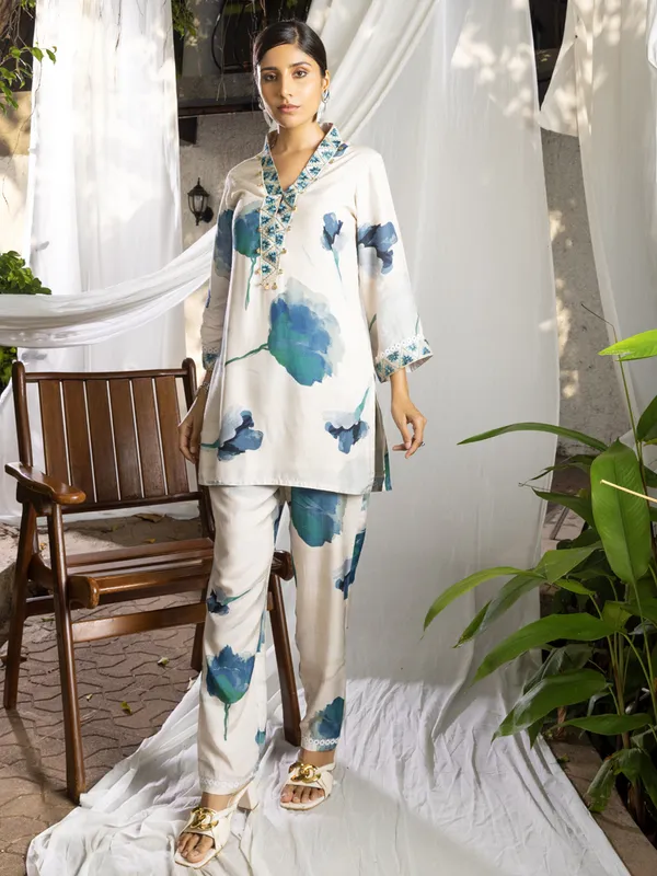 Off_White_&_Sea_Green_Printed_Regular_Party_Shawl_Neck_Top_and_Trousers