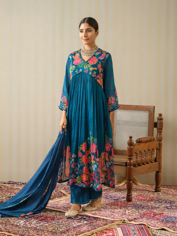 Teal_Embroidered_Calf_Length_Festive_Kurti_and_Trousers_With_Dupatta