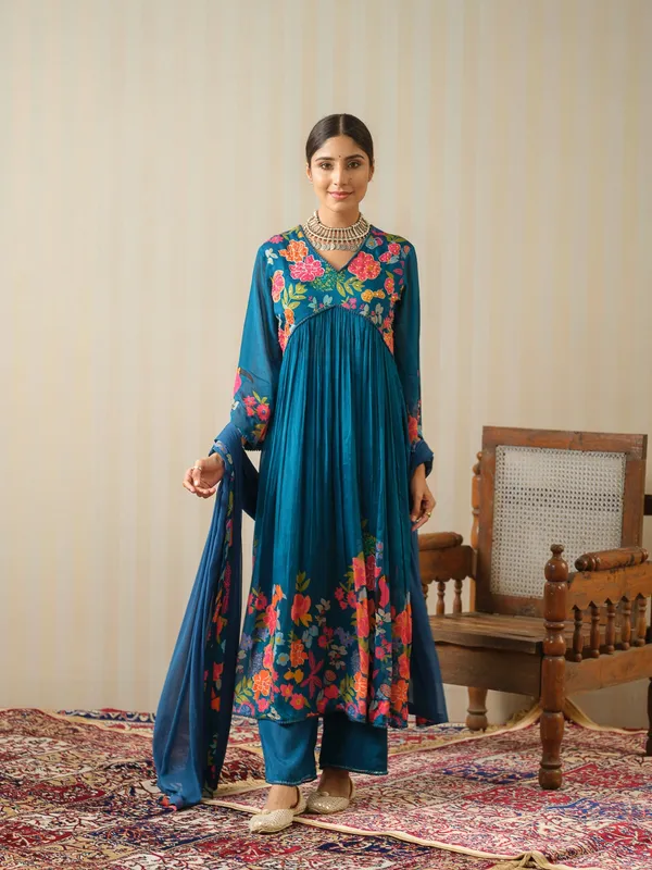 Teal_Embroidered_Calf_Length_Festive_Kurti_and_Trousers_With_Dupatta