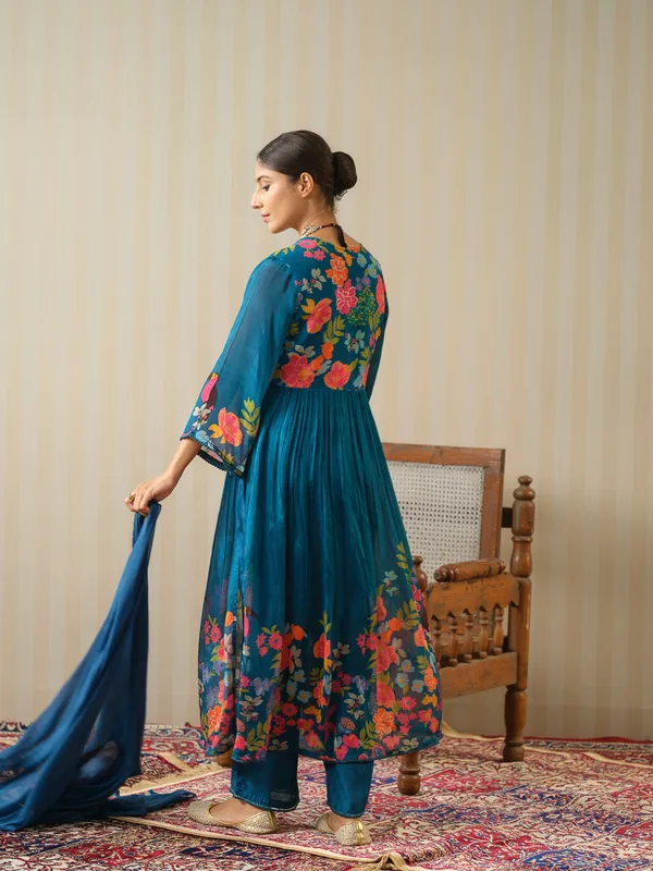 Teal_Embroidered_Calf_Length_Festive_Kurti_and_Trousers_With_Dupatta