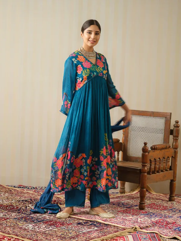 Teal_Embroidered_Calf_Length_Festive_Kurti_and_Trousers_With_Dupatta