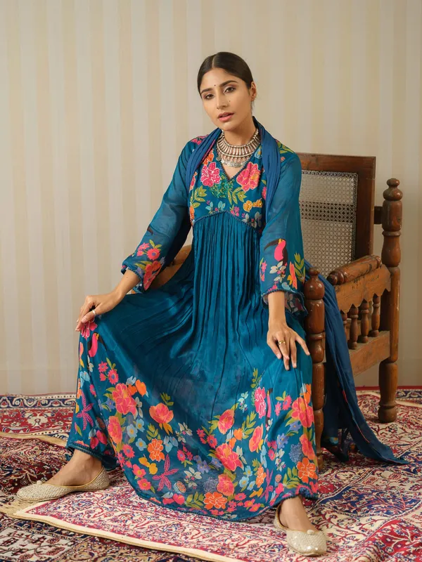 Teal_Embroidered_Calf_Length_Festive_Kurti_and_Trousers_With_Dupatta