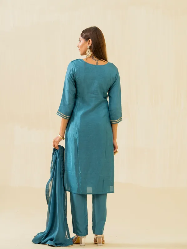 Teal_Embroidered_Calf_Length_Festive_Kurti_and_Trousers_With_Dupatta