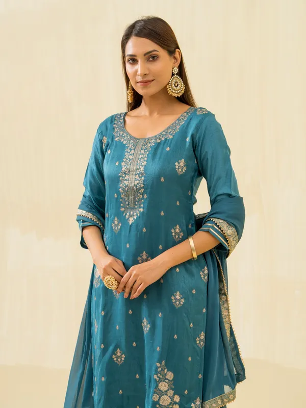 Teal_Embroidered_Calf_Length_Festive_Kurti_and_Trousers_With_Dupatta