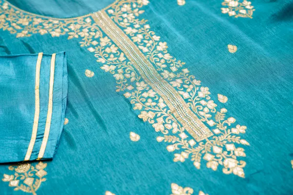 Teal_Embroidered_Calf_Length_Festive_Kurti_and_Trousers_With_Dupatta