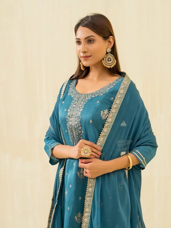 Teal_Embroidered_Calf_Length_Festive_Kurti_and_Trousers_With_Dupatta