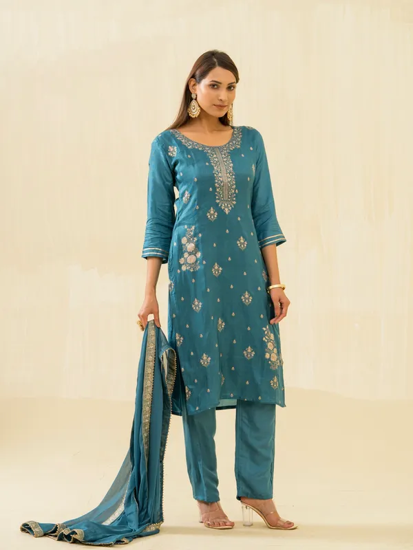 Teal_Embroidered_Calf_Length_Festive_Kurti_and_Trousers_With_Dupatta