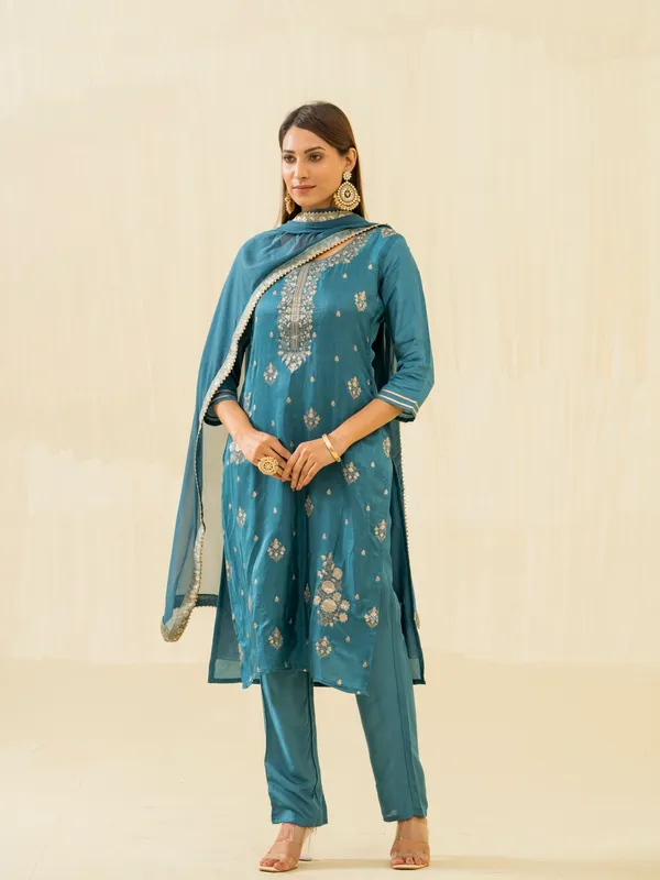 Teal_Embroidered_Calf_Length_Festive_Kurti_and_Trousers_With_Dupatta