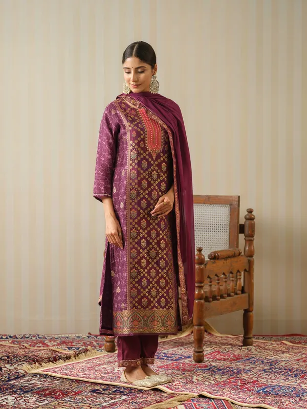 Purple_Embroidered_Woven_Design_Straight_Kurta_and_Trousers_With_Dupatta