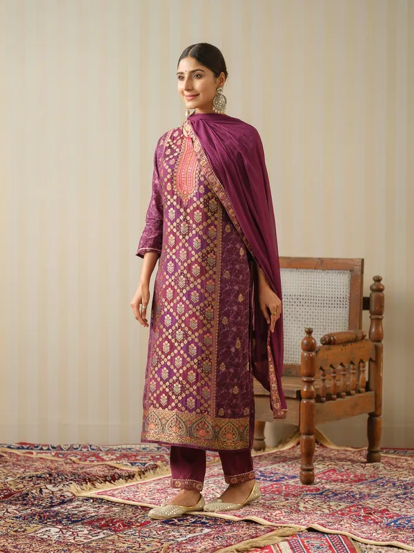 Purple_Embroidered_Woven_Design_Straight_Kurta_and_Trousers_With_Dupatta