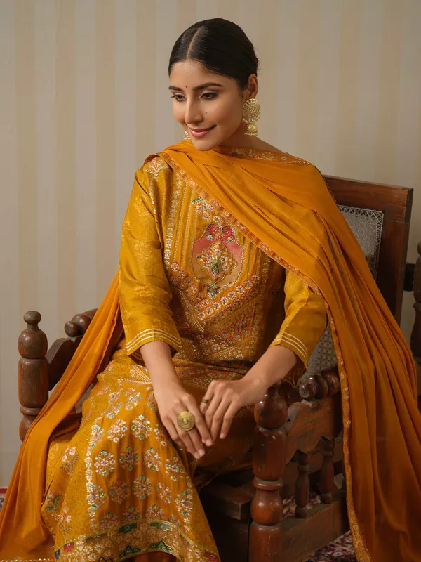 Mustard_Embroidered_Woven_Design_Straight_Kurta_and_Trousers_With_Dupatta
