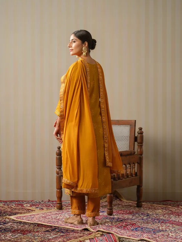 Mustard_Embroidered_Woven_Design_Straight_Kurta_and_Trousers_With_Dupatta