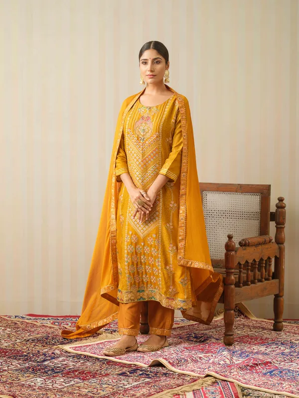 Mustard_Embroidered_Woven_Design_Straight_Kurta_and_Trousers_With_Dupatta
