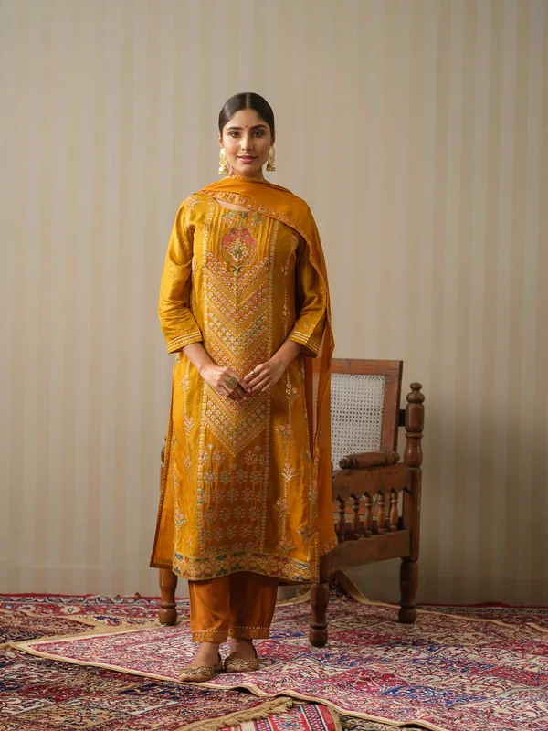 Mustard_Embroidered_Woven_Design_Straight_Kurta_and_Trousers_With_Dupatta