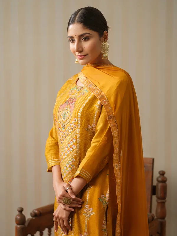 Mustard_Embroidered_Woven_Design_Straight_Kurta_and_Trousers_With_Dupatta