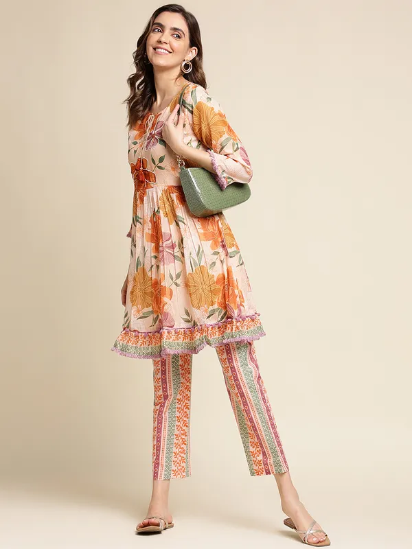 Women_Peach_Regular_Printed_Floral_Tops_with_Trousers