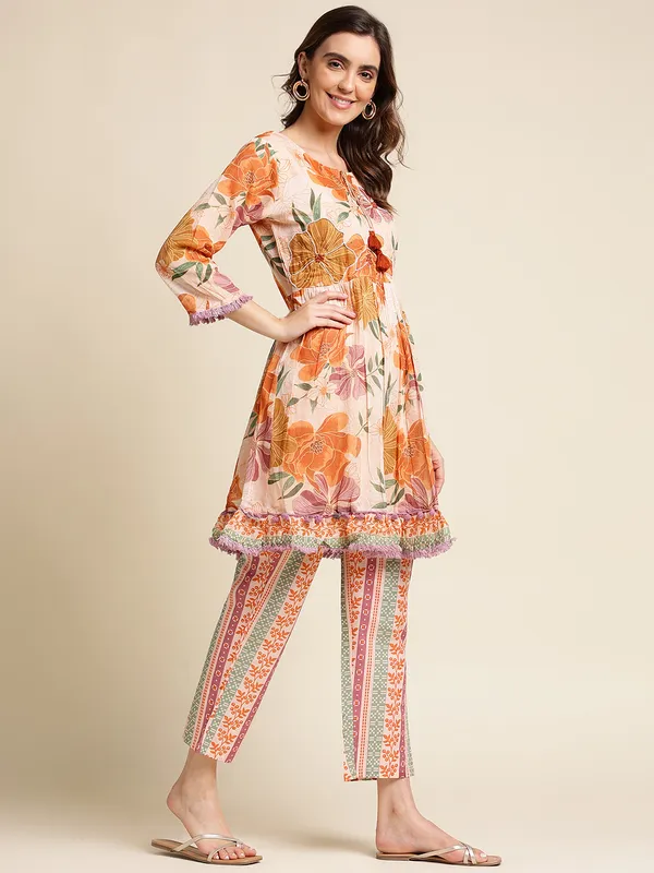 Women_Peach_Regular_Printed_Floral_Tops_with_Trousers