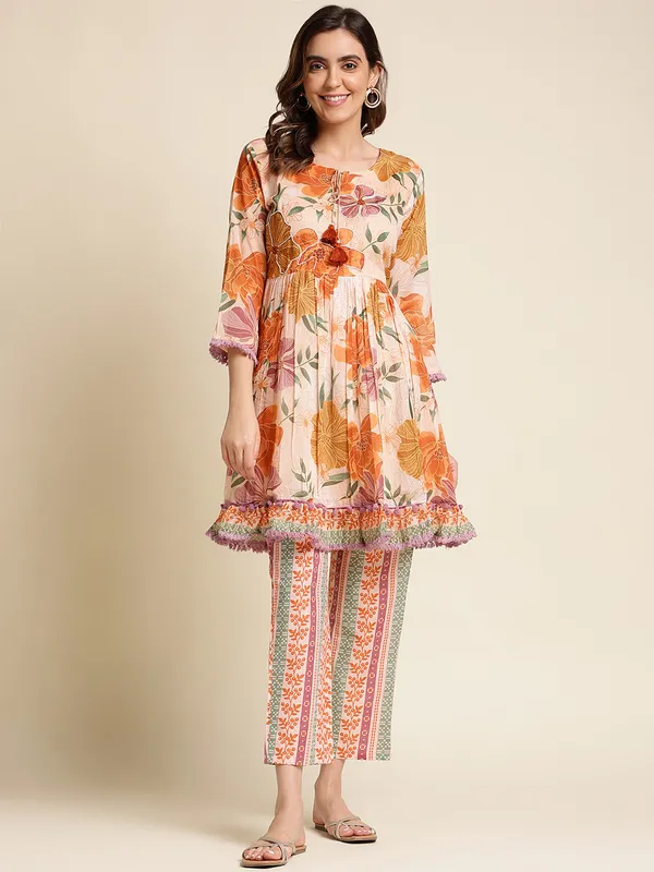 Women_Peach_Regular_Printed_Floral_Tops_with_Trousers
