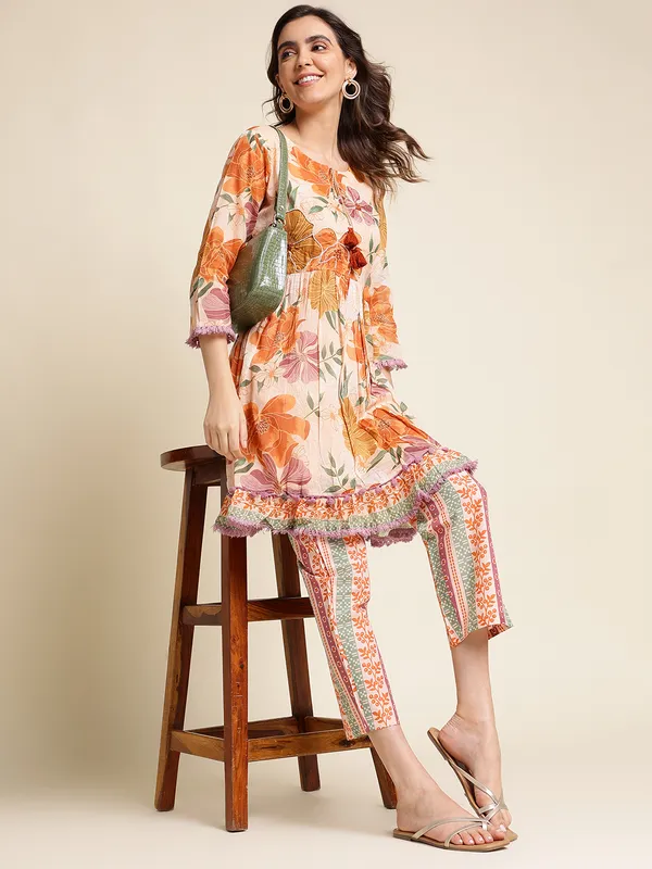 Women_Peach_Regular_Printed_Floral_Tops_with_Trousers