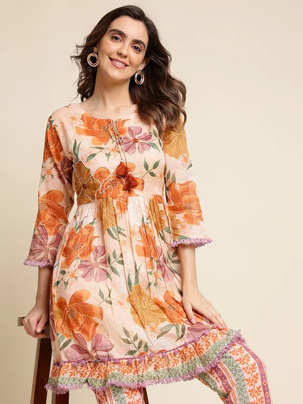 Women_Peach_Regular_Printed_Floral_Tops_with_Trousers