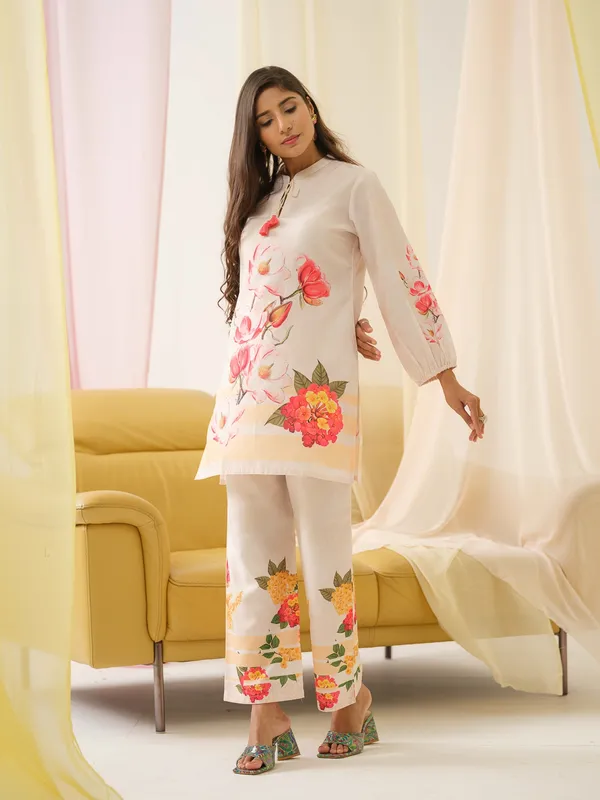 White_&_Orange_Mandarin_Collar_Printed_Tunic_Palazzos