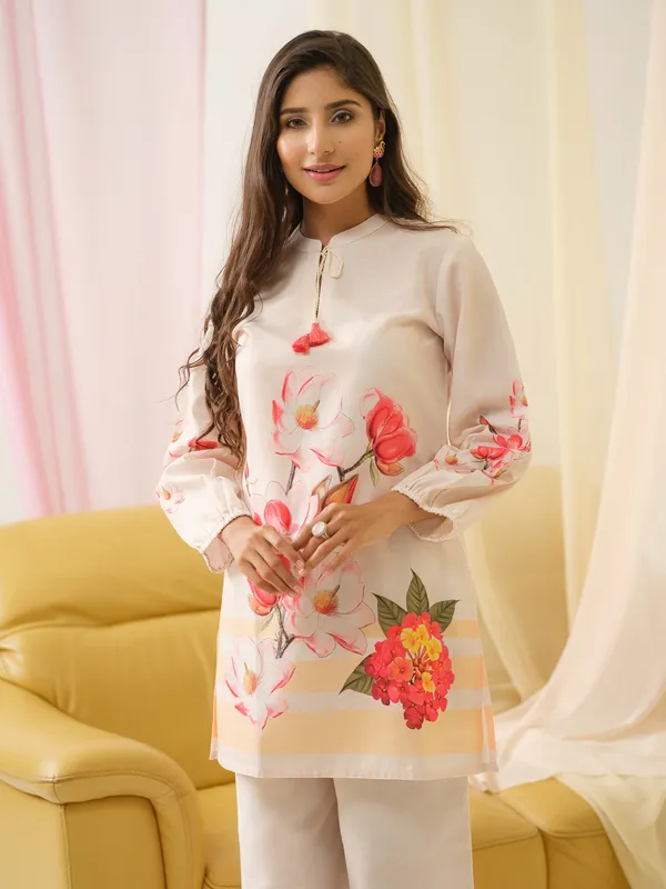 White_&_Orange_Mandarin_Collar_Printed_Tunic_Palazzos