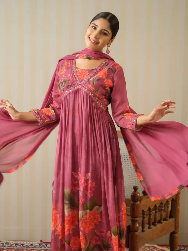 Magenta_Printed_Floral_A-Line_Kurta_and_Trousers_With_Dupatta