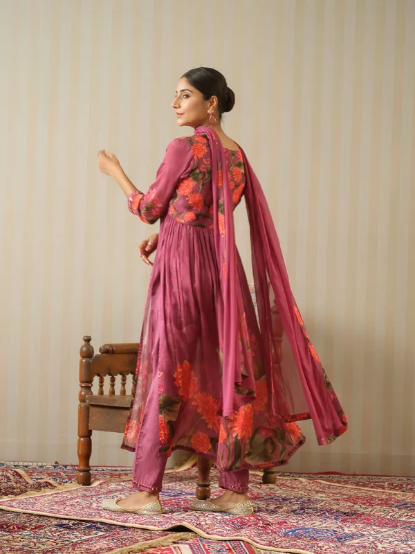 Magenta_Printed_Floral_A-Line_Kurta_and_Trousers_With_Dupatta