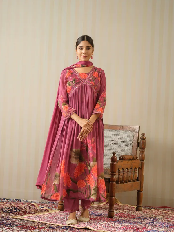 Magenta_Printed_Floral_A-Line_Kurta_and_Trousers_With_Dupatta
