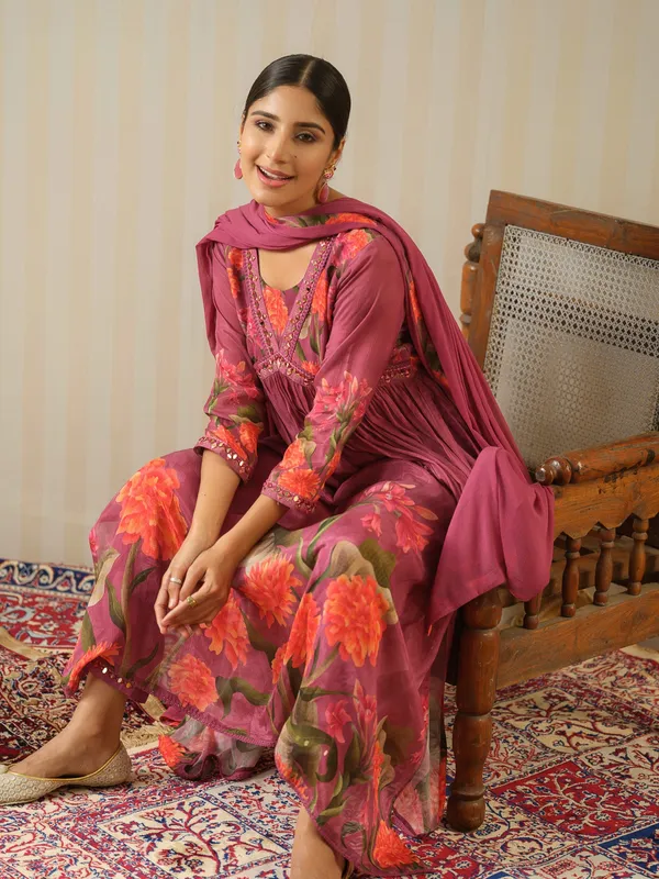 Magenta_Printed_Floral_A-Line_Kurta_and_Trousers_With_Dupatta