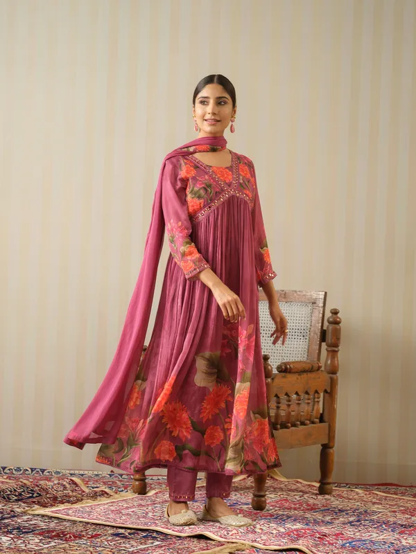 Magenta_Printed_Floral_A-Line_Kurta_and_Trousers_With_Dupatta