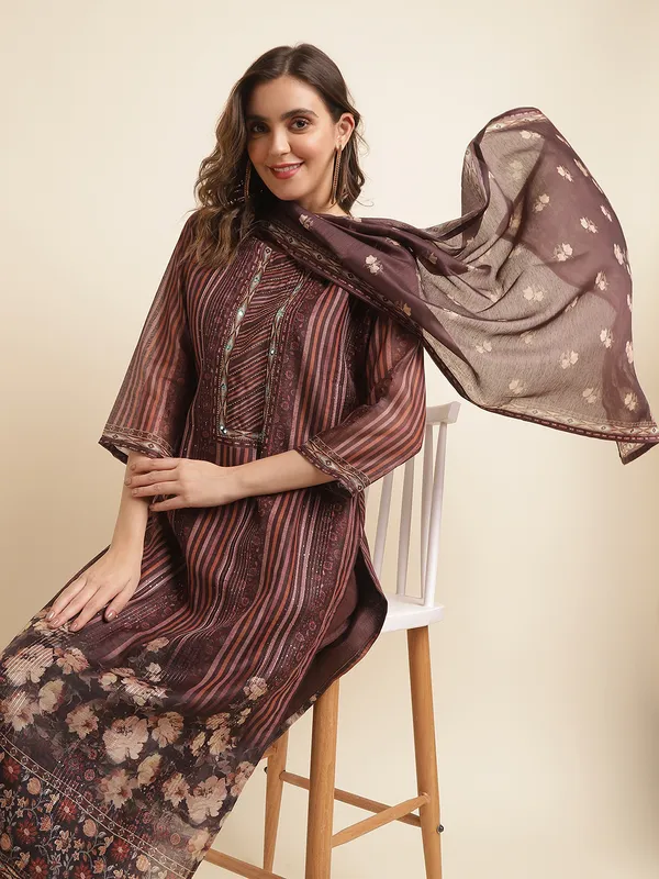 Brown_Floral_Printed_Straight_Kurta_and_Trousers_With_Dupatta