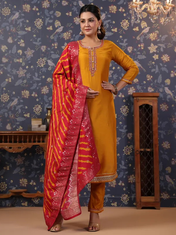 Women_Mustard_&_Pink_Embroidered_Straight_Kurta_and_Palazzos_With_Dupatta