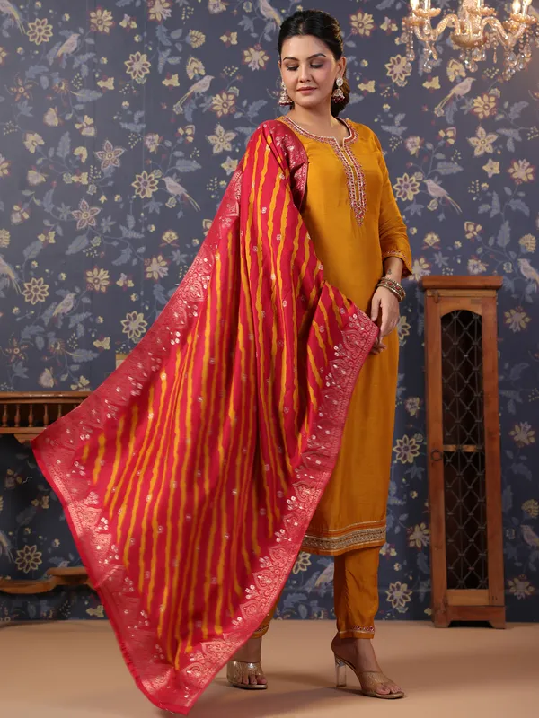 Women_Mustard_&_Pink_Embroidered_Straight_Kurta_and_Palazzos_With_Dupatta