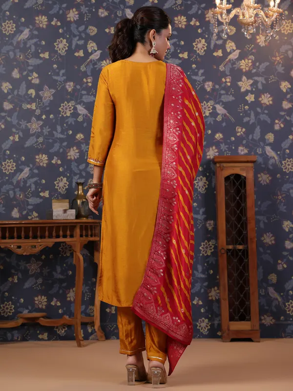 Women_Mustard_&_Pink_Embroidered_Straight_Kurta_and_Palazzos_With_Dupatta