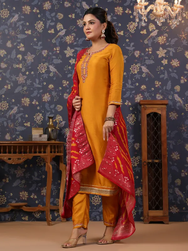 Women_Mustard_&_Pink_Embroidered_Straight_Kurta_and_Palazzos_With_Dupatta