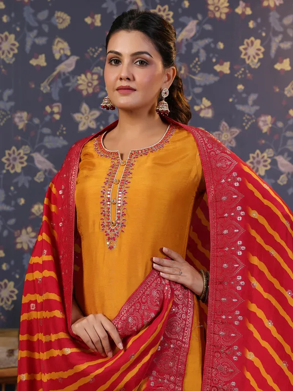 Women_Mustard_&_Pink_Embroidered_Straight_Kurta_and_Palazzos_With_Dupatta