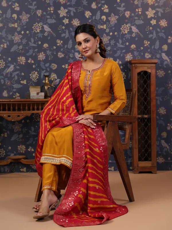Women_Mustard_&_Pink_Embroidered_Straight_Kurta_and_Palazzos_With_Dupatta