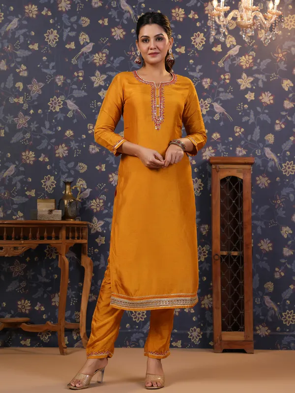 Women_Mustard_&_Pink_Embroidered_Straight_Kurta_and_Palazzos_With_Dupatta