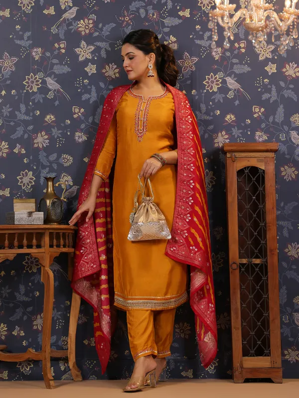Women_Mustard_&_Pink_Embroidered_Straight_Kurta_and_Palazzos_With_Dupatta