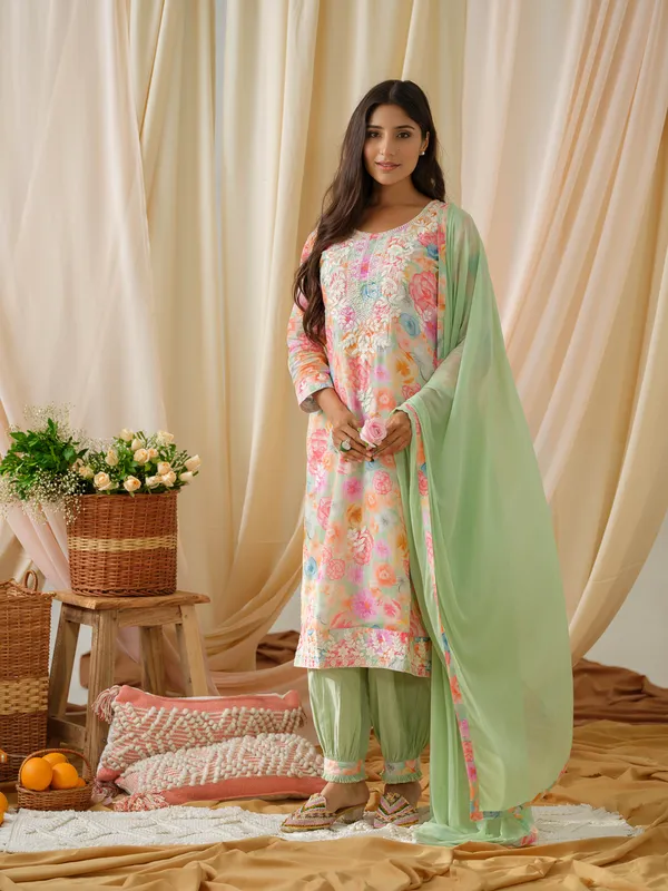 women_Green_Floral_Printed_Kurta_and_Salwar_With_Dupatta