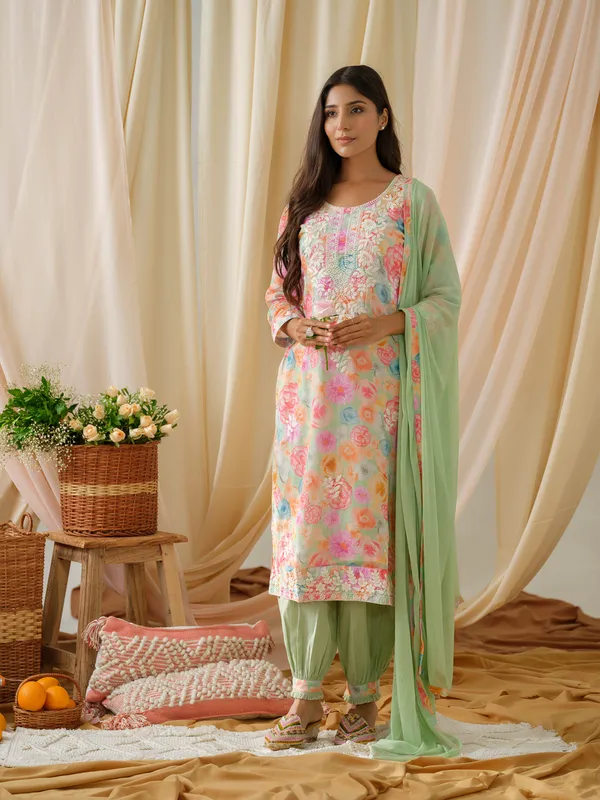 women_Green_Floral_Printed_Kurta_and_Salwar_With_Dupatta