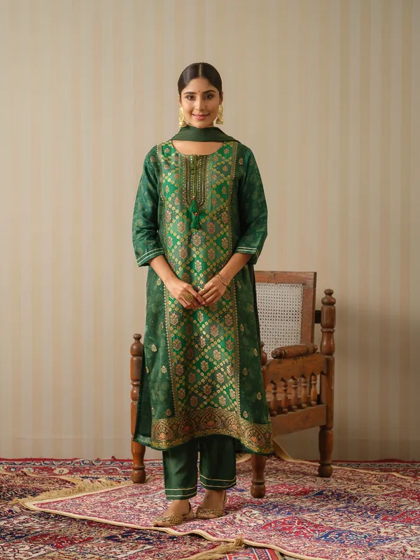 Green_Embroidered_Woven_Design_Straight_Kurta_and_Trousers_With_Dupatta