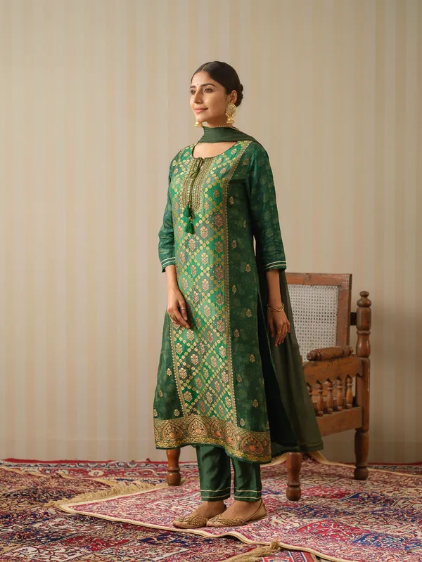 Green_Embroidered_Woven_Design_Straight_Kurta_and_Trousers_With_Dupatta