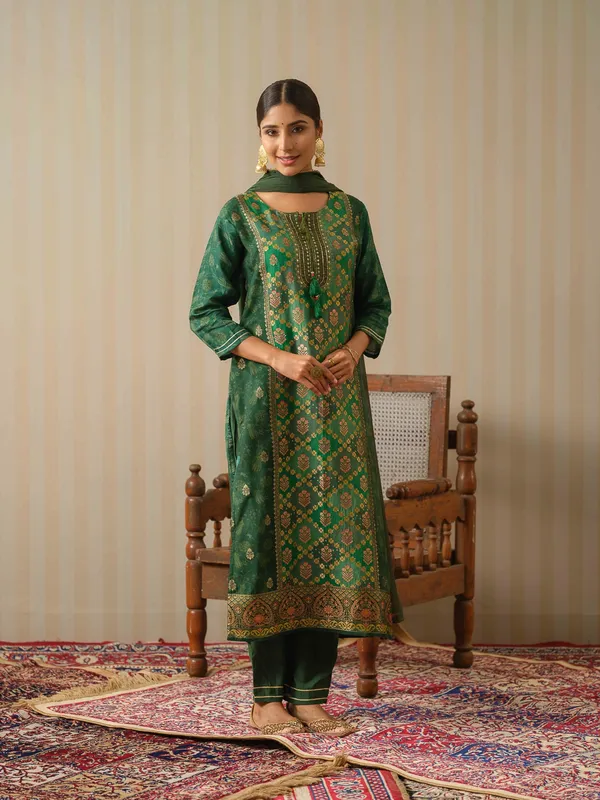 Green_Embroidered_Woven_Design_Straight_Kurta_and_Trousers_With_Dupatta