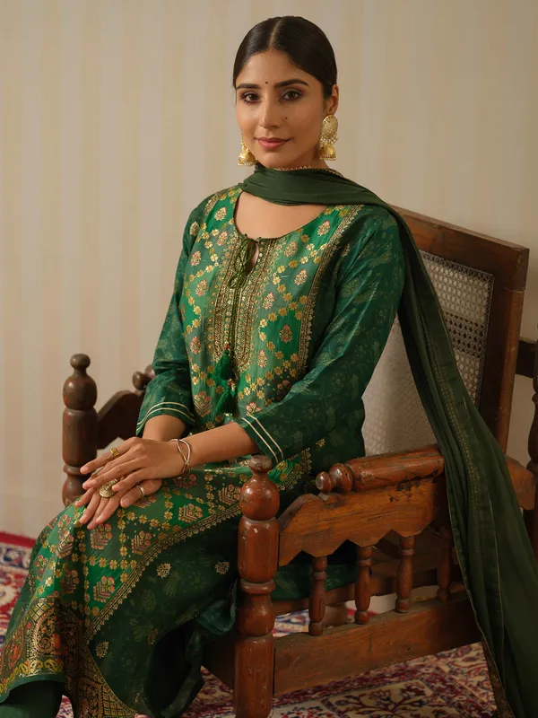 Green_Embroidered_Woven_Design_Straight_Kurta_and_Trousers_With_Dupatta