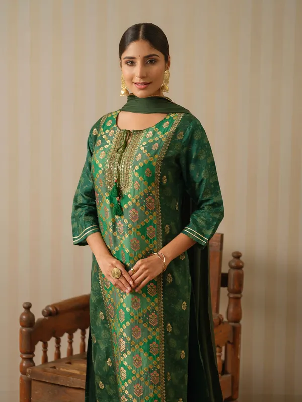 Green_Embroidered_Woven_Design_Straight_Kurta_and_Trousers_With_Dupatta