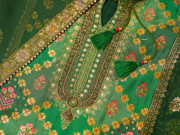 Green_Embroidered_Woven_Design_Straight_Kurta_and_Trousers_With_Dupatta